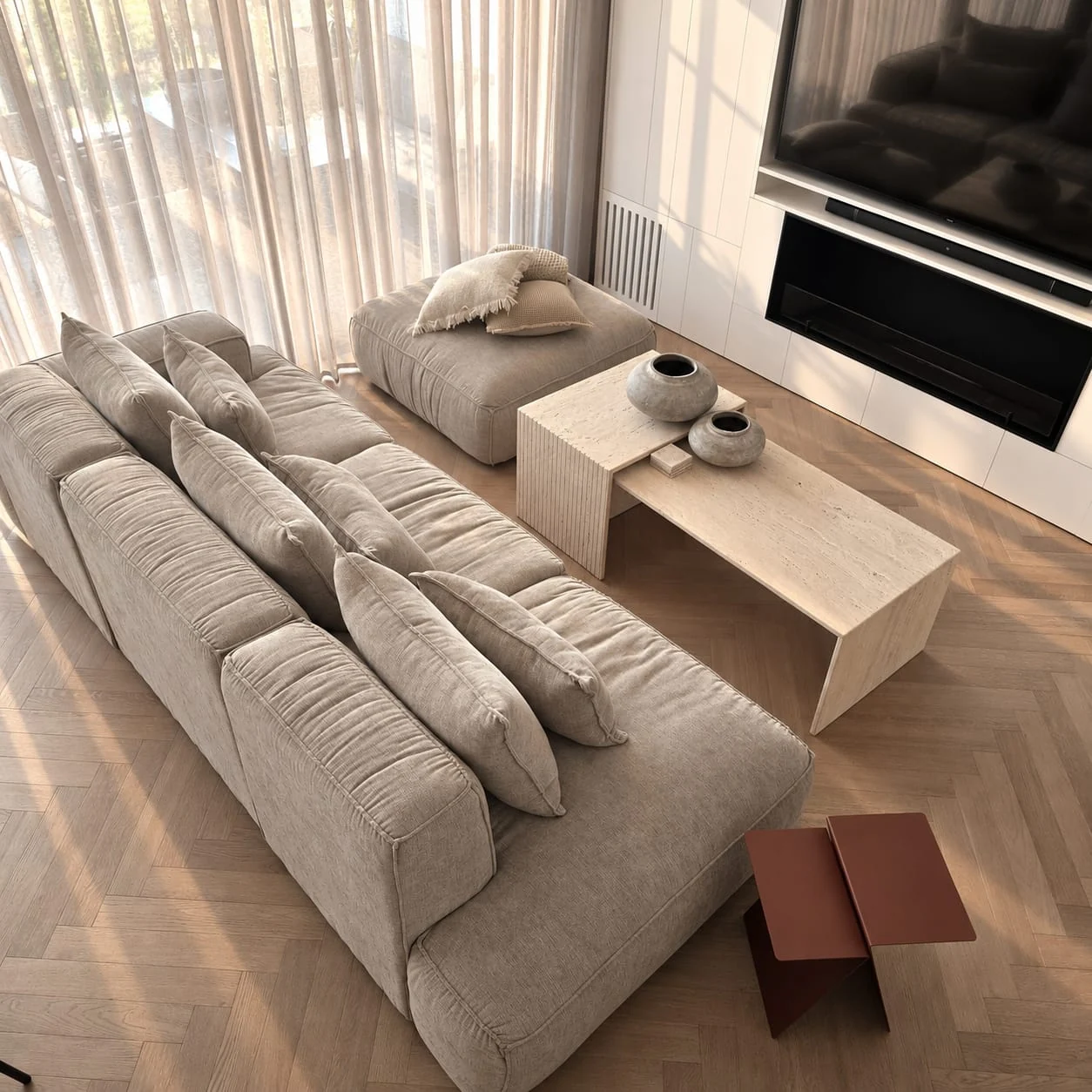Elevated view of the pale sofa and living-room tables