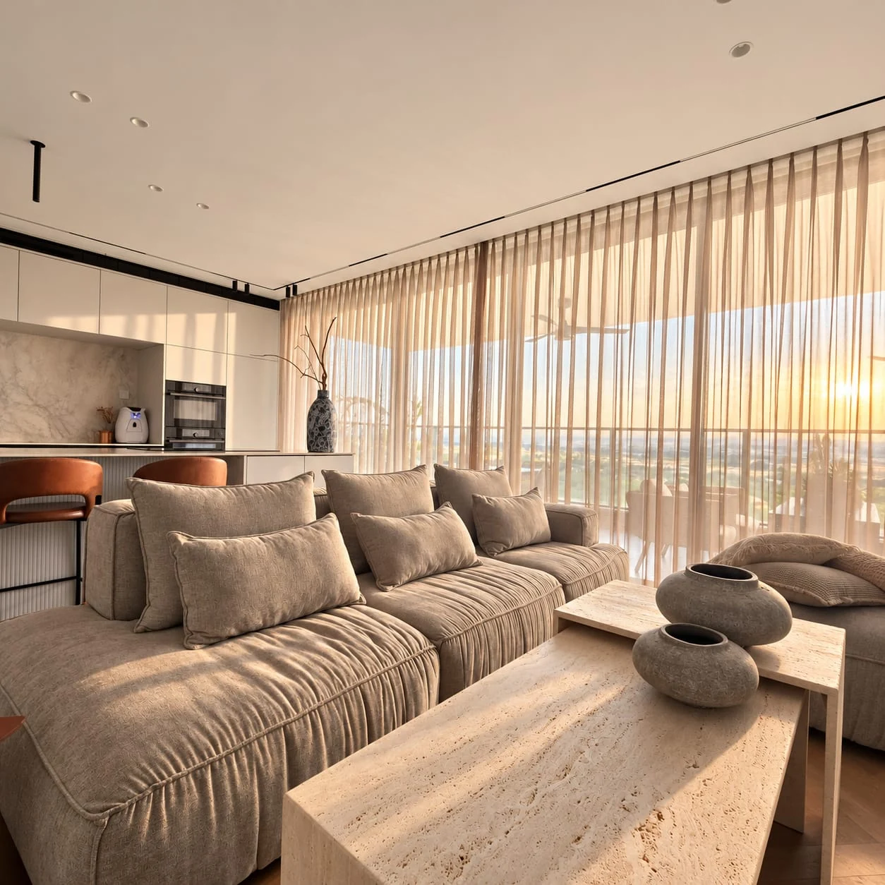 Sofa, living-room table and open kitchen within one space