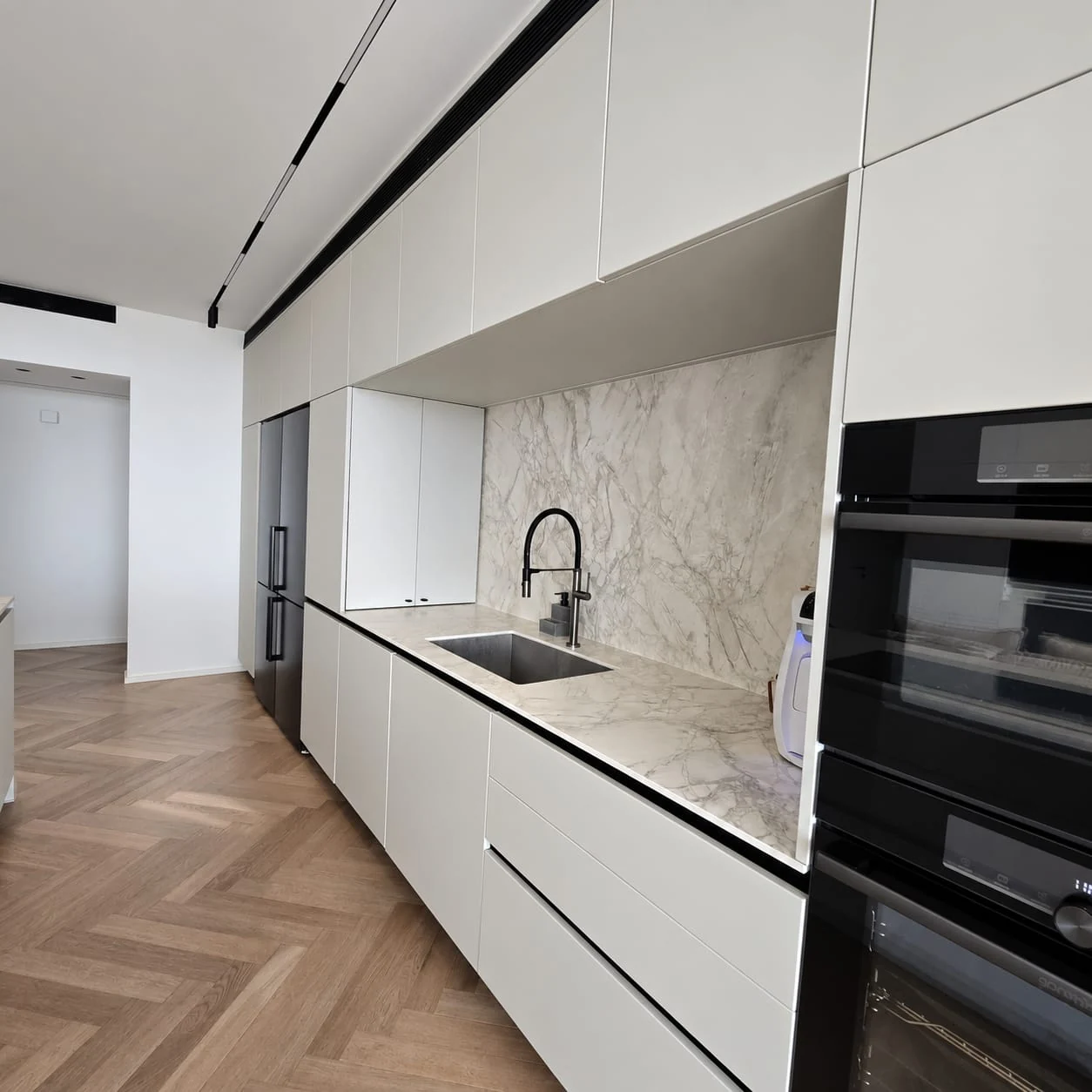 Kitchen elevation with pale cabinets, sink and dark ovens