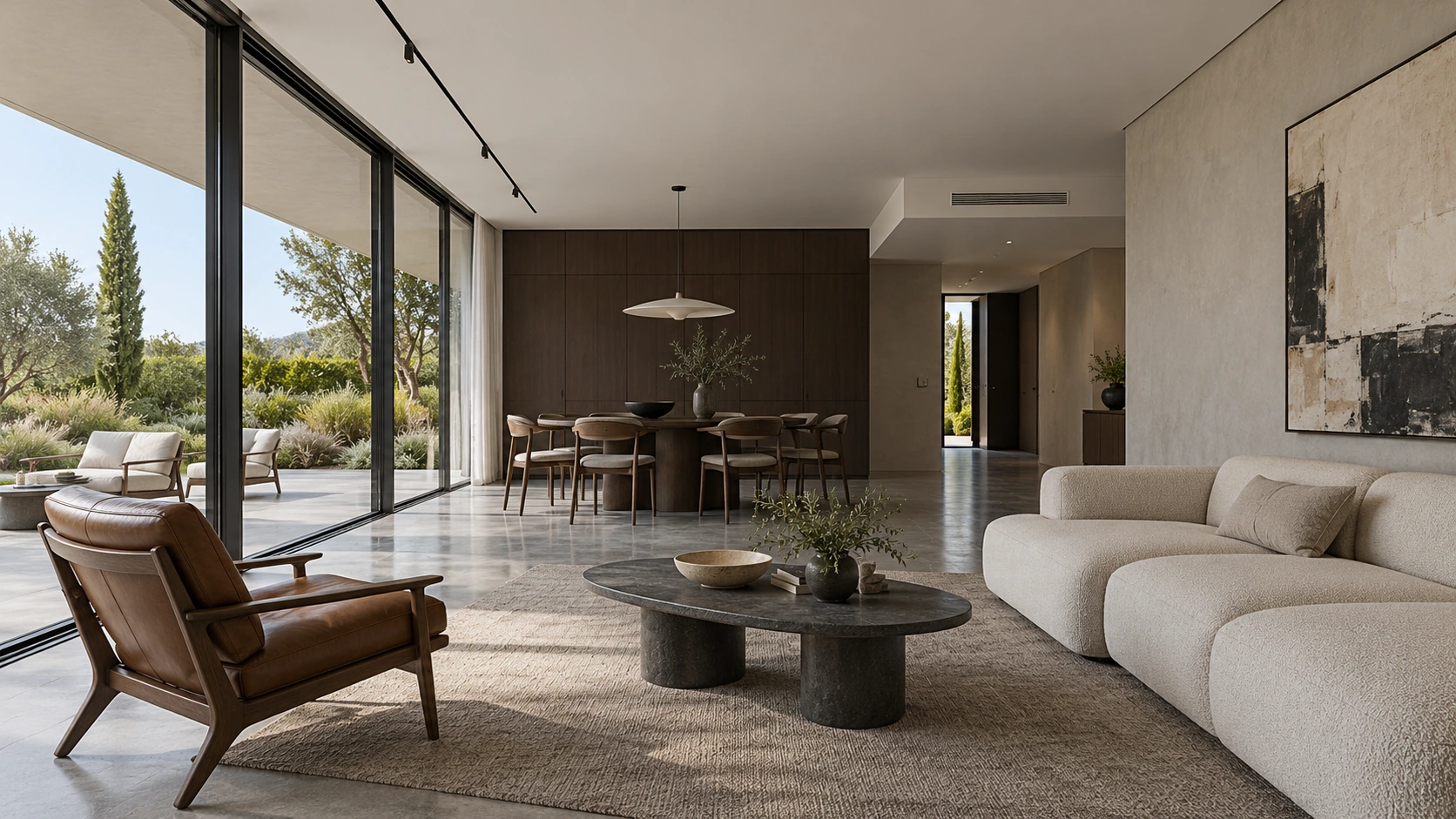 Living-space illustration opening to a terrace: pale sofa, leather lounge chair, oval stone table on two bases and black-framed garden glazing