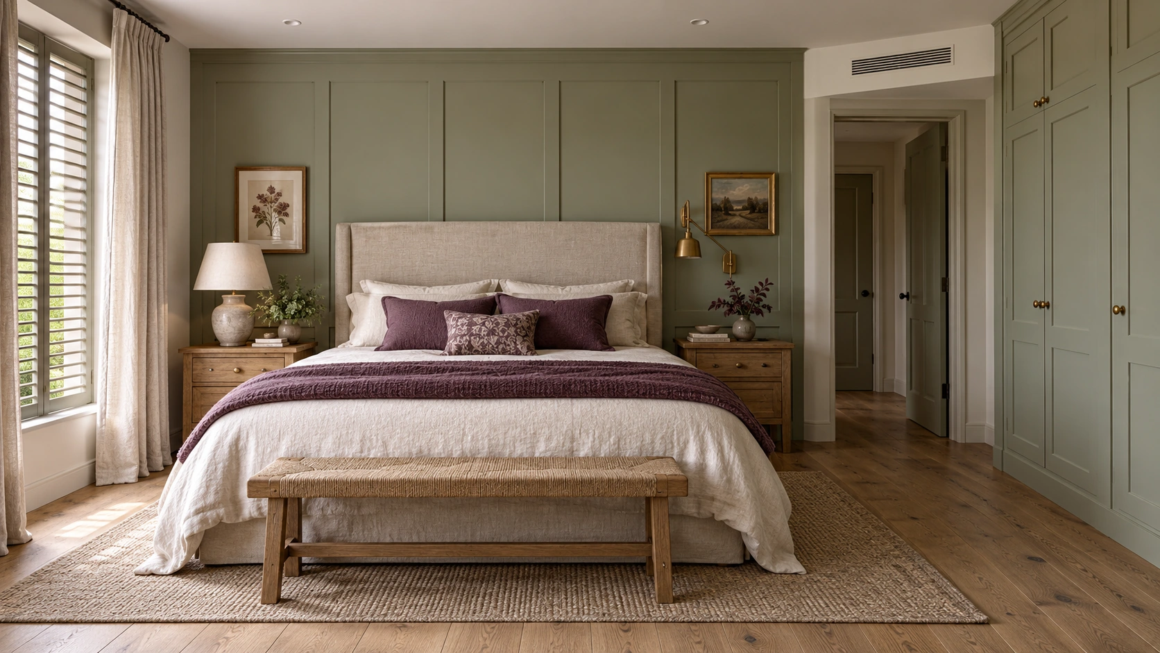 Bedroom with a sage wall, upholstered headboard, plum bedding, oak bench and painted wardrobe beside a curtained window with a shutter