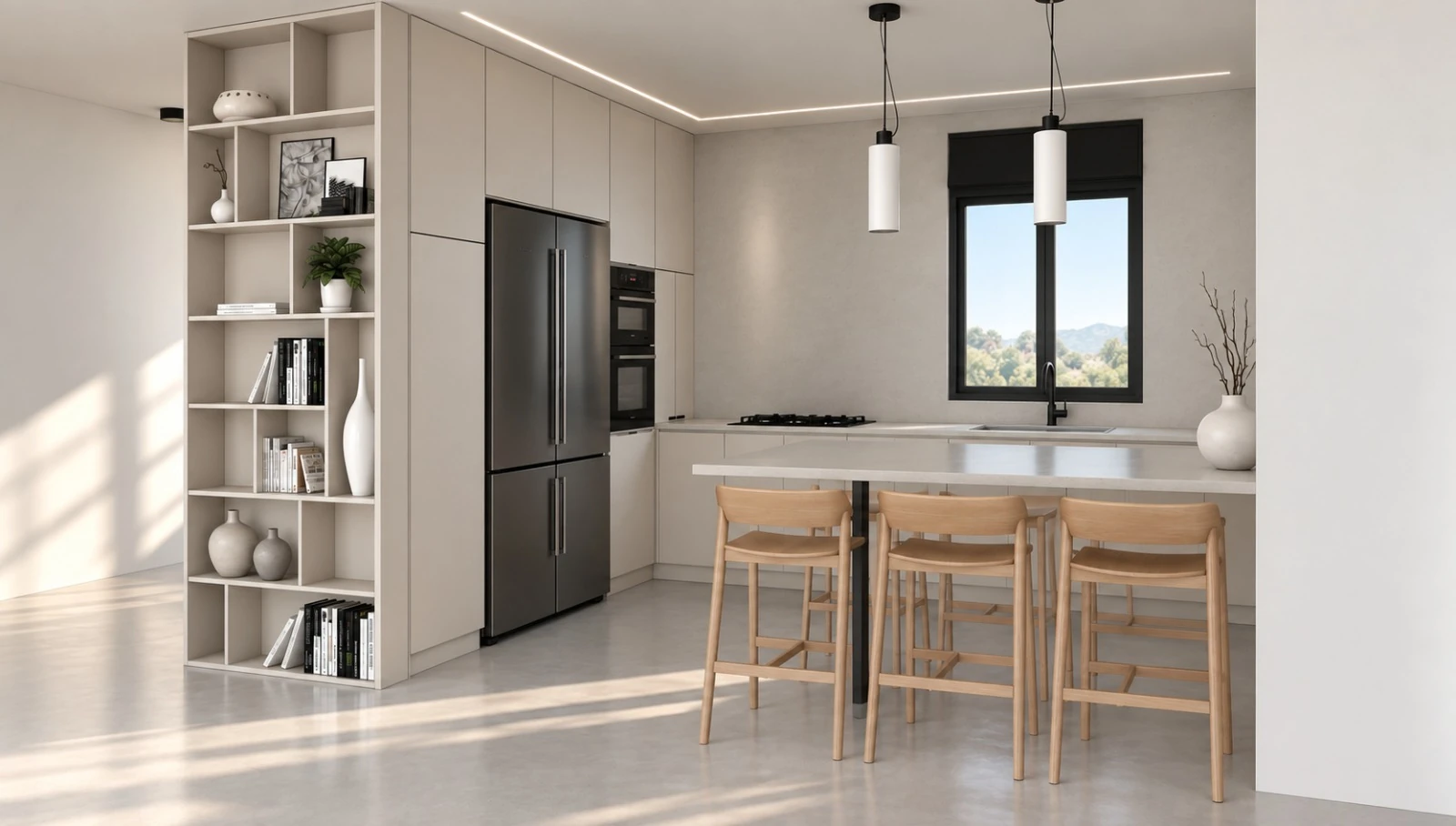 Light kitchen with an open shelving column, a pale island, wooden stools and pendant lights.