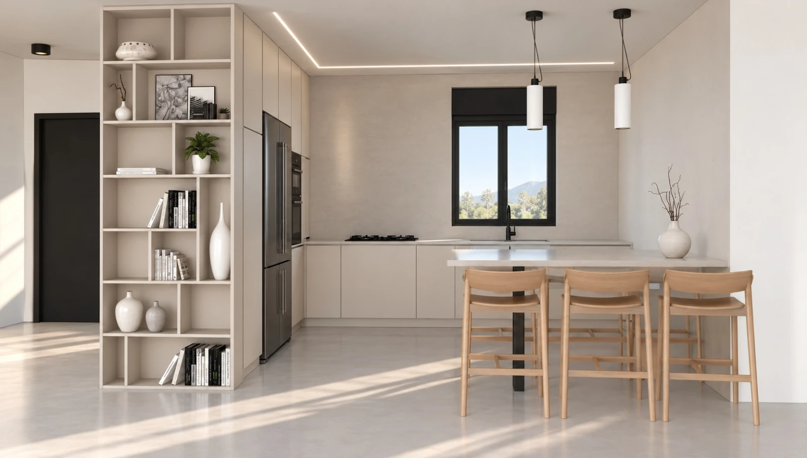 Sunlit kitchen with open shelves, a pale island and wooden stools beneath pendant lights.