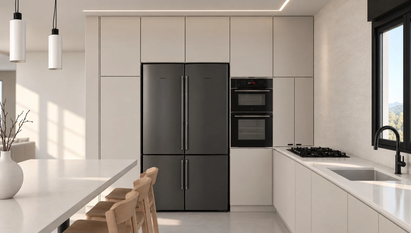 Light kitchen cabinetry around a dark refrigerator and stacked ovens, with a sink beneath a window.