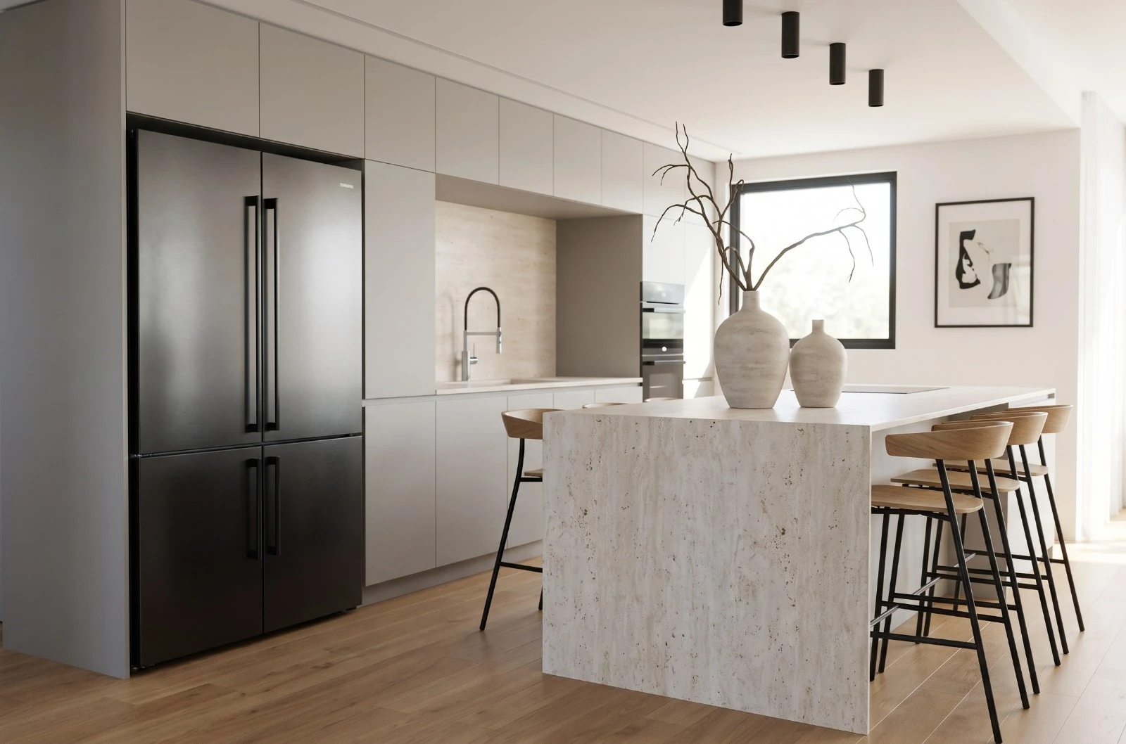 Stone island end panel beside gray cabinetry, a dark refrigerator and a black-framed window.