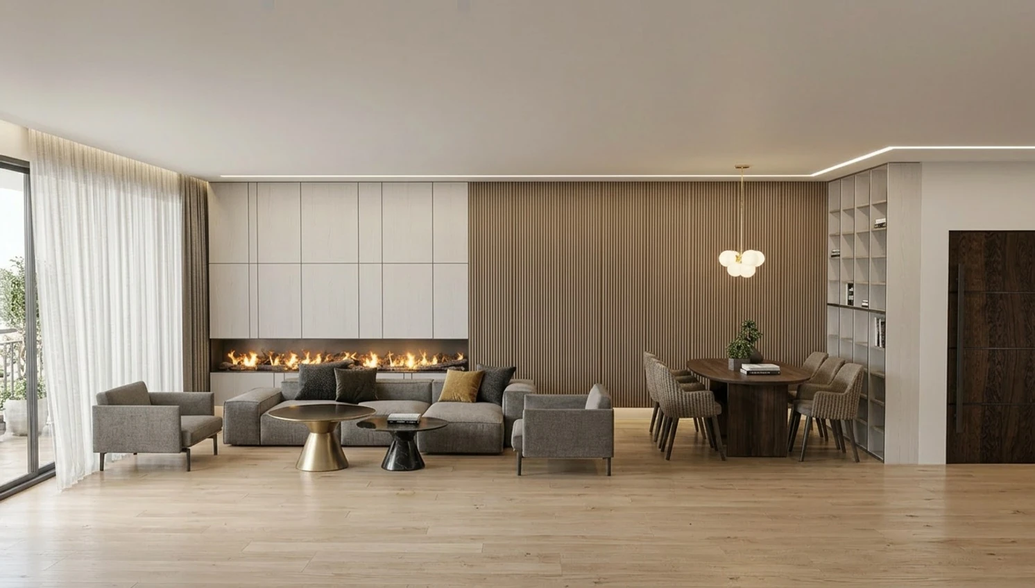 Living and dining area with gray seating, a linear fireplace, wood wall panels and tall curtains.