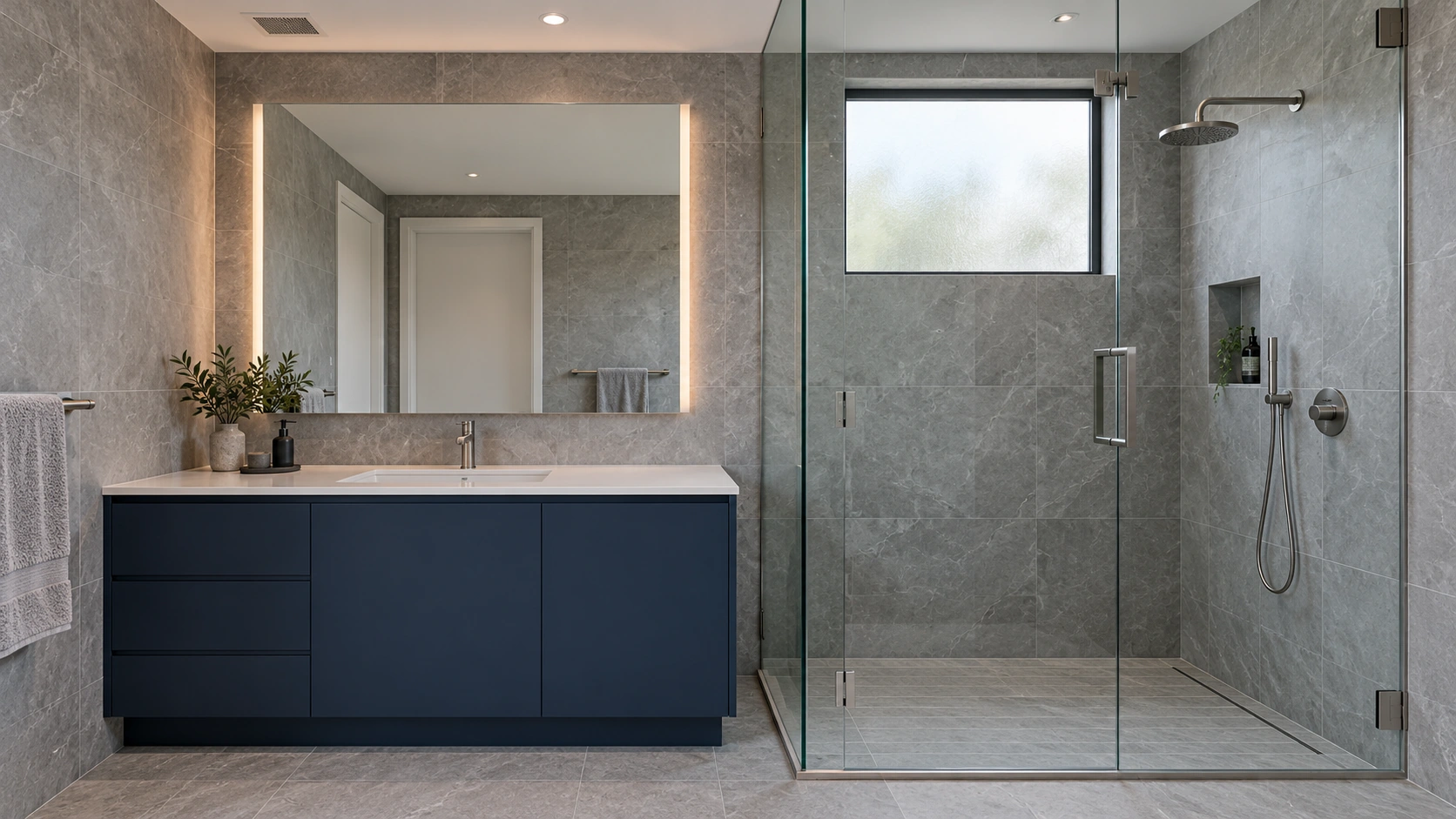 Bathroom with a midnight-blue vanity, white basin, illuminated mirror and glass shower beneath a high frosted window
