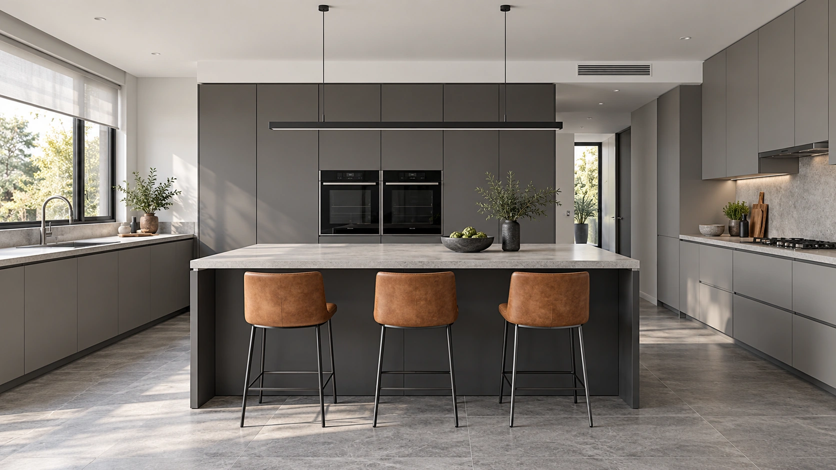 Mineral-grey kitchen with a graphite island, pale surface, leather stools, integrated cooking hood and a window blind