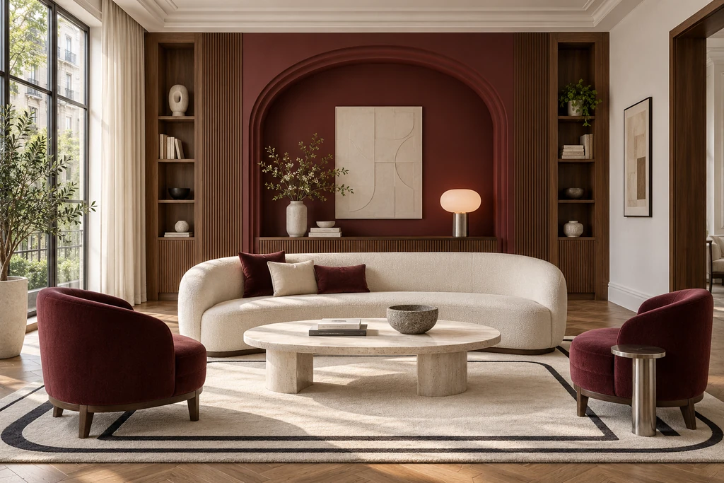 A sitting room with a deep burgundy arched niche, a curved cream sofa and two wine-coloured armchairs.