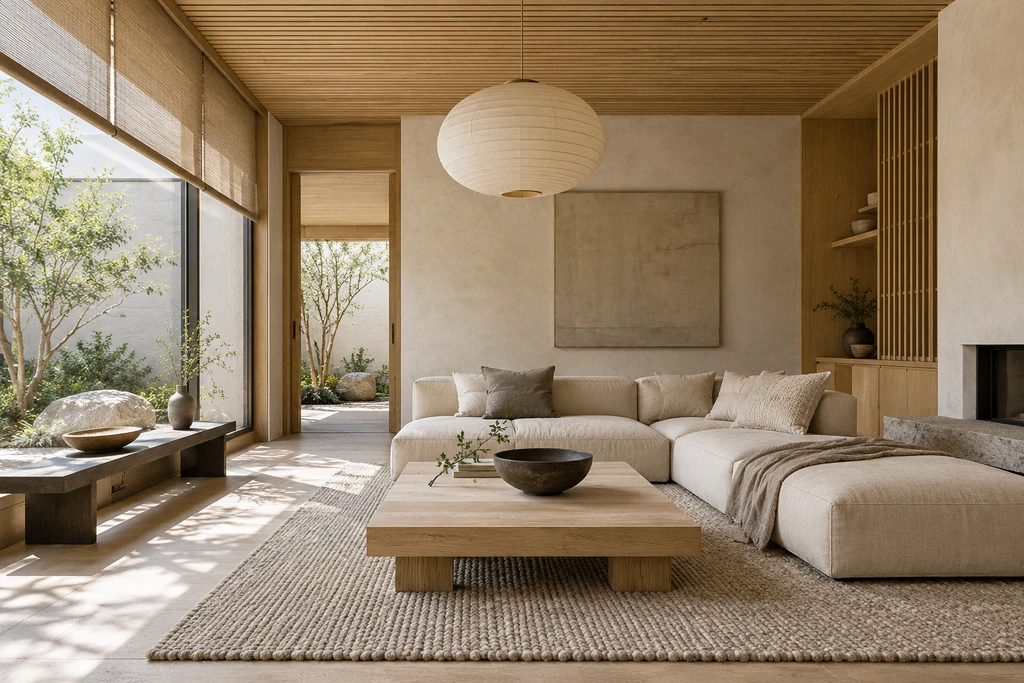 A pale living room with a cream corner sofa, a timber coffee table and a woven rug, open to a courtyard.