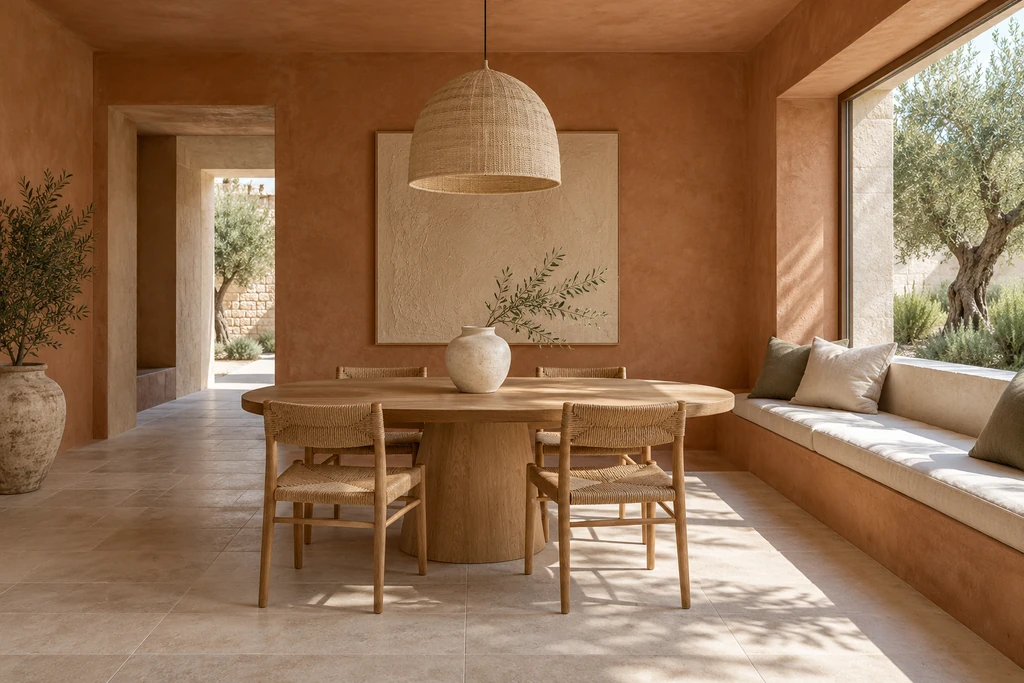 A dining area with terracotta walls, an oval timber table and built-in seating under a large window.