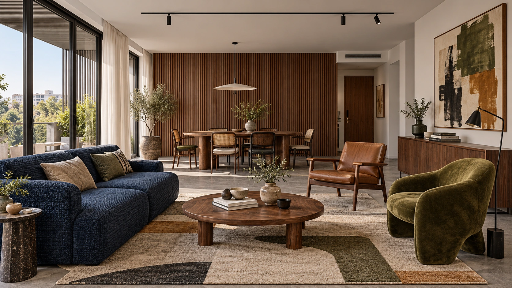 Living room with an ink-blue sofa, cognac leather and olive armchairs, round timber table and dining against dark timber slats